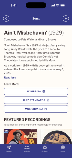 A song screen with historical context and links to authoritative jazz sources