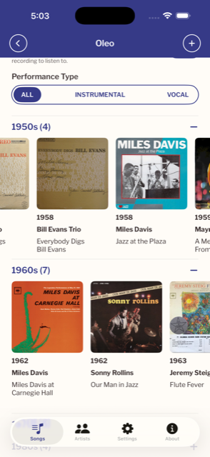 Recordings of a standard grouped by decade