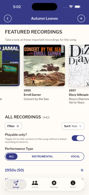 A song detail screen highlighting featured recordings