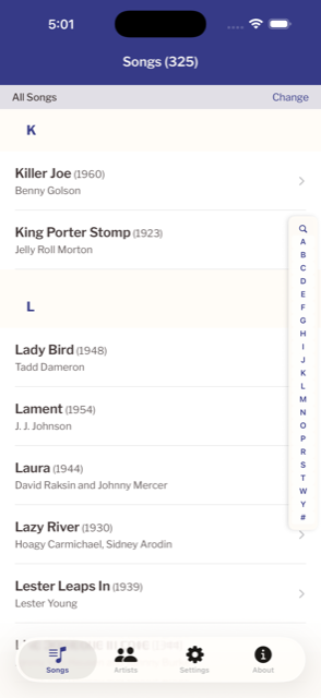 Browsing the alphabetical list of jazz standards in ApproachNote