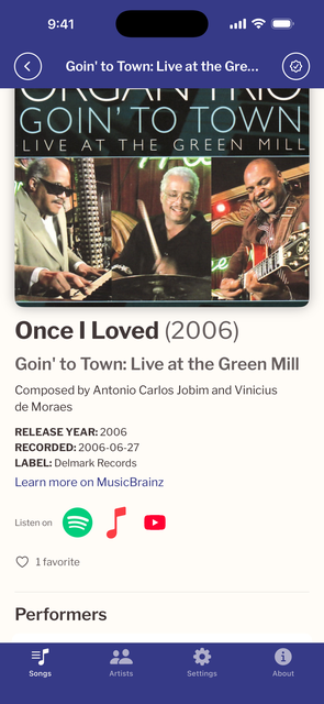 A recording with direct links to open it in Spotify and Apple Music